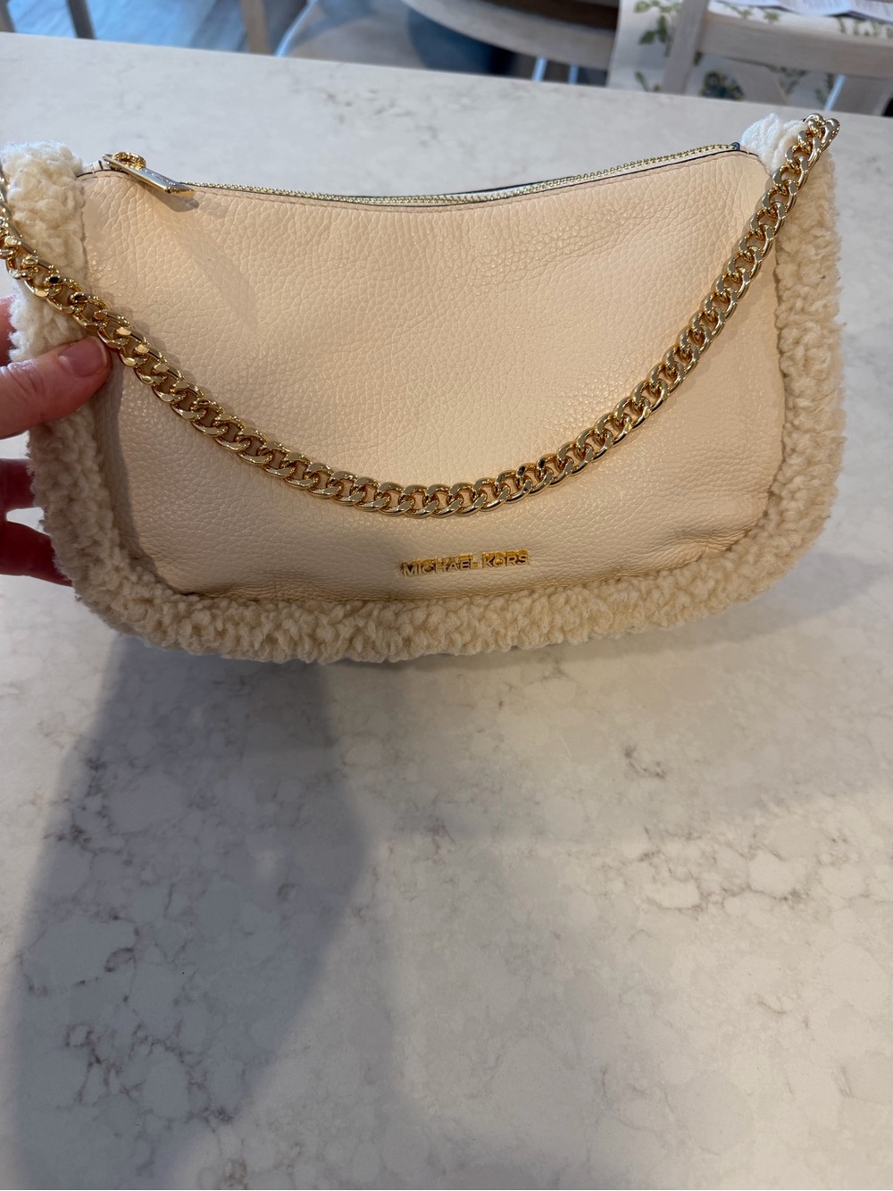Michael Kors Cream Leather Shoulder Bag with Shearling Trim and Gold Chain